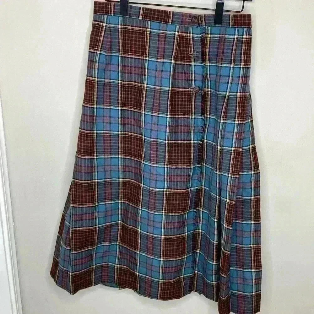 Vintage Blue and Brown Plaid A-Line Skirt